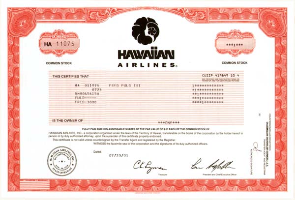 Hawaiian Airlines - Stock Certificate