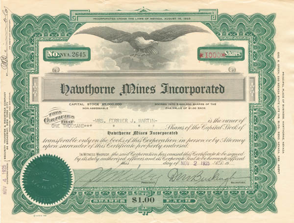 Hawthorne Mines Incorporated - Stock Certificate
