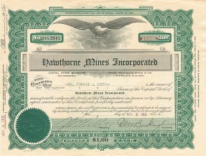 Hawthorne Mines Incorporated - Stock Certificate