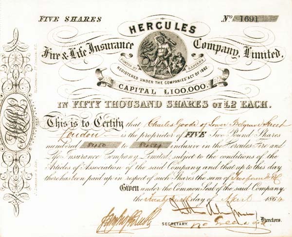 Hercules Fire and Life Insurance Co., ltd - Stock Certificate