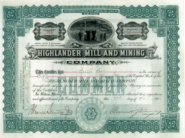Highlander Mill and Mining Co. - Stock Certificate