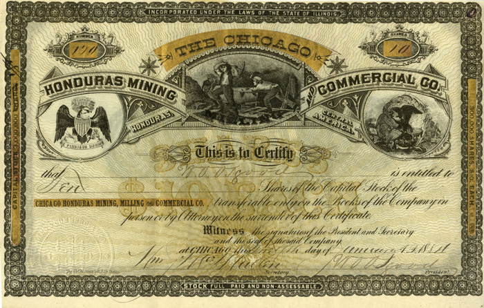 Chicago Honduras Mining Milling and Commercial Co. - Stock Certificate