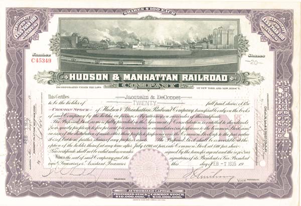 Hudson and Manhattan Railroad - New York City - Stock Certificate