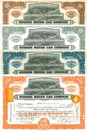 Hudson Motor Car - Set of 4 Stocks - 1930's-50's dated Automotive Stock Certificate - Famous Car Maker