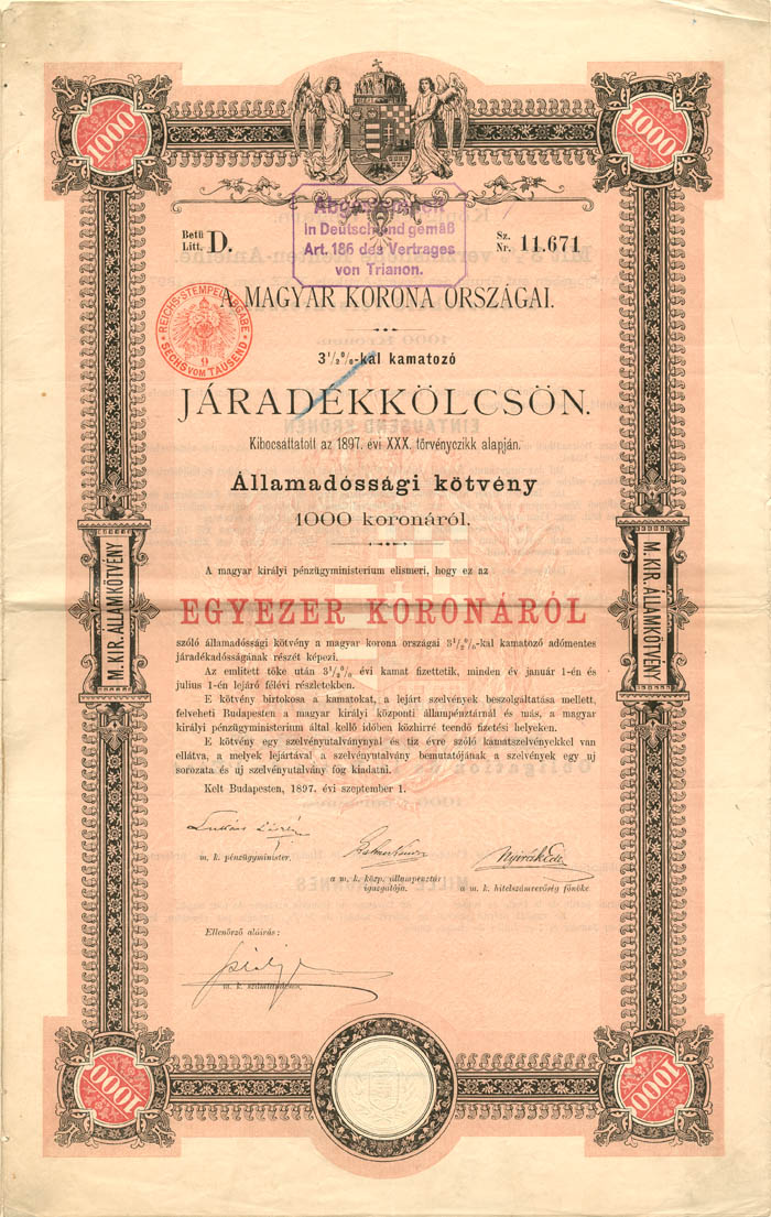 Royal Hungarian Bond dated 1897 - Various Denominations (Uncanceled)