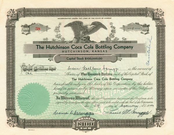 Hutchinson Coca Cola Bottling Co. (Coke) - Stock Certificate