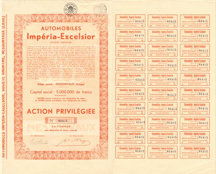 Automobiles Imperia-Excelsior Societe Anonyme - Stock Certificate