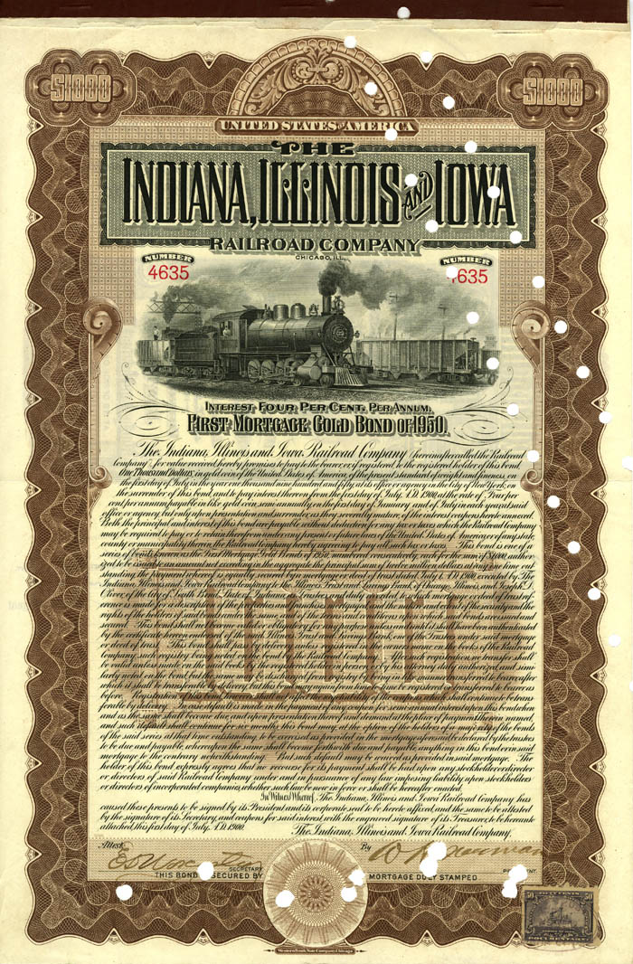 Indiana, Illinois, and Iowa Railroad Co. - $1,000 Bond