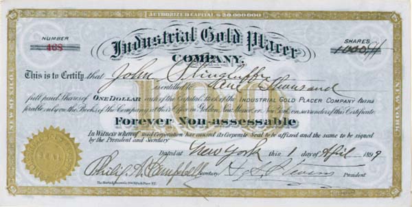 Industrial Gold Placer Co - Stock Certificate