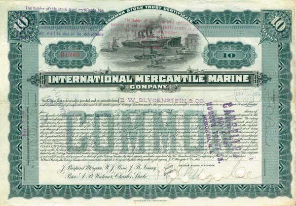 J. P. Morgan, Bruce Ismay, Peter A. B. Widener - International Mercantile Marine - Co. that Made the Titanic - Stock Certificate