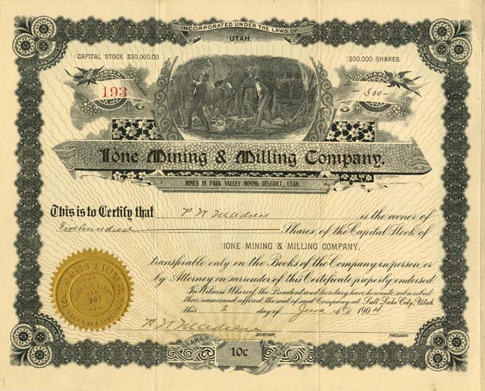 Ione Mining and Milling Co. - Stock Certificate