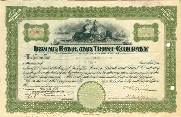 Irving Bank and Trust Co. - 1920's-30's dated Banking Stock Certificate