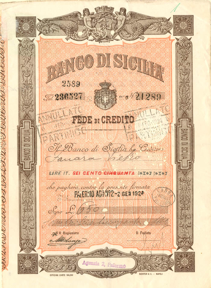 Banco Di Sicilia - 650 Francs Bond