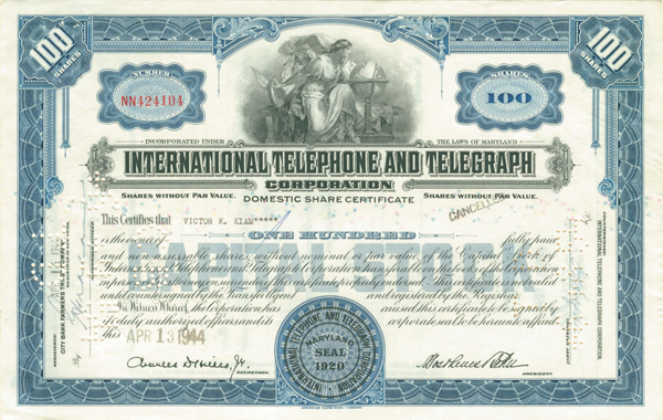 Victor K. Kiam - International Telephone and Telegraph Corp - ITT - Stock Certificate