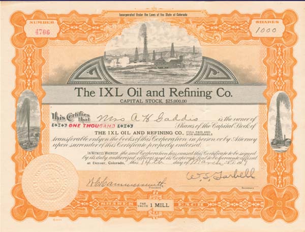 Ixl Oil and Refining Co. - Stock Certificate
