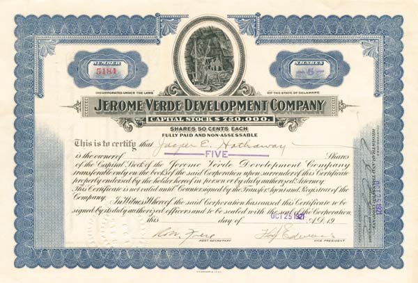 Jerome Verde Development Co. - Stock Certificate
