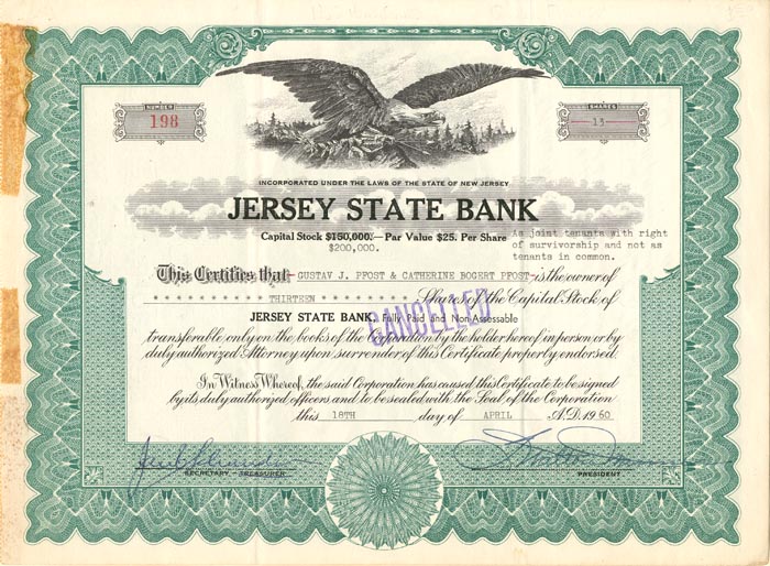 Stock certificate of Jersey State Bank (1960) Stock certificate of Jersey State Bank (1960)