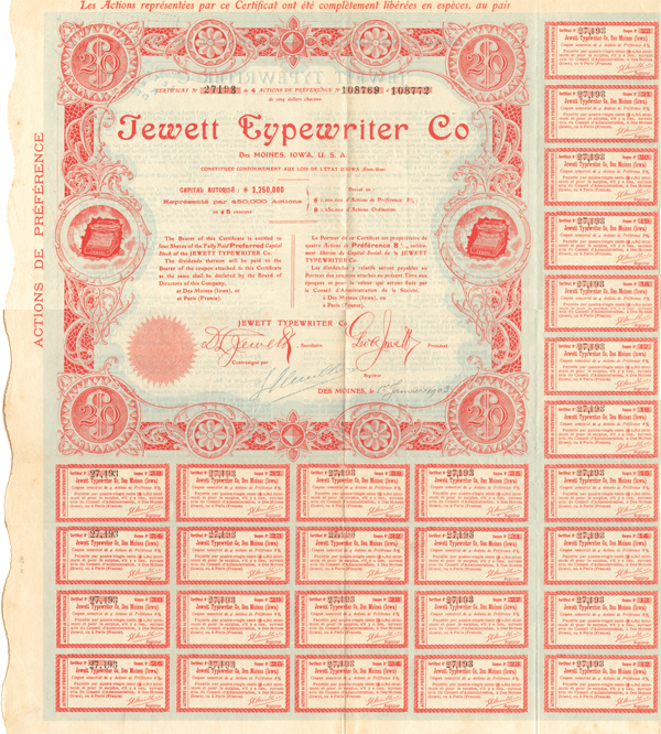 Jewett Typewriter Co. - Stock Certificate