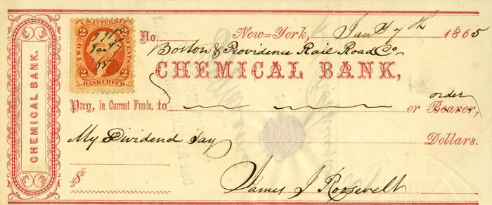 Chemical Bank Check Signed by James J. Roosevelt - Grandfather of Theodore Roosevelt