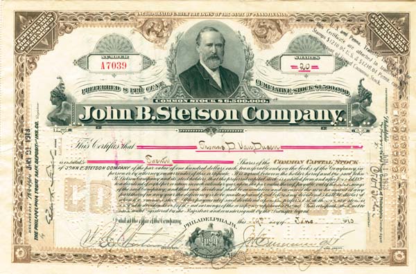 John B. Stetson Co. - Stock Certificate