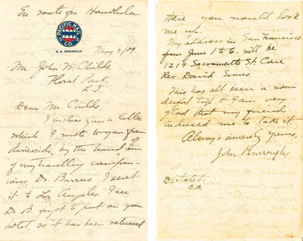 John Burroughs 8 page letter in another hand but autographed by John Burroughs