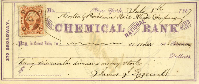 Chemical National Bank Check Signed by James J. Roosevelt - Grandfather of Theodore Roosevelt - SOLD