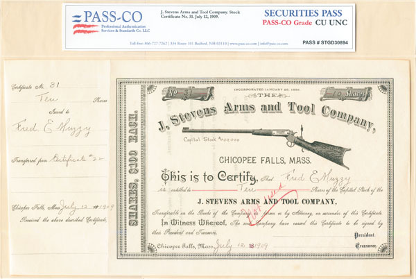 J. Stevens Arms and Tool Co., Chicopee Falls, Massachusetts - Stock Certificate