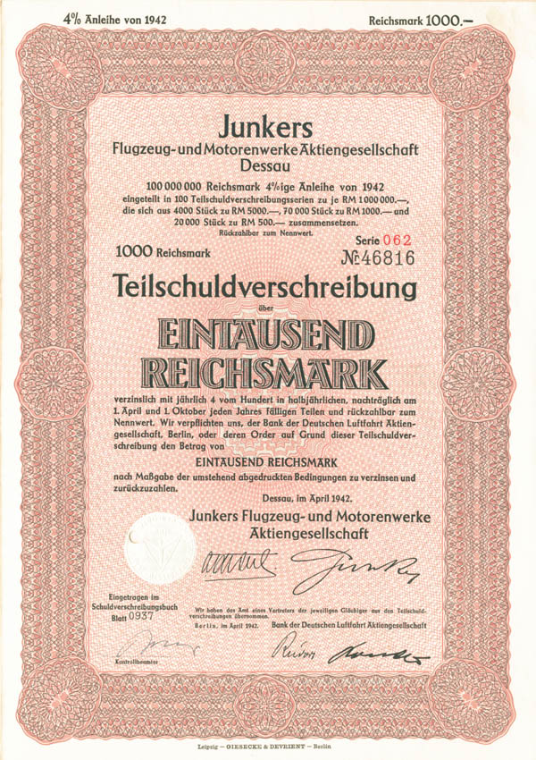 Junkers Flugzeug-und Motorenwerke Aktiengesellschaft Dessau - World War II - Bond