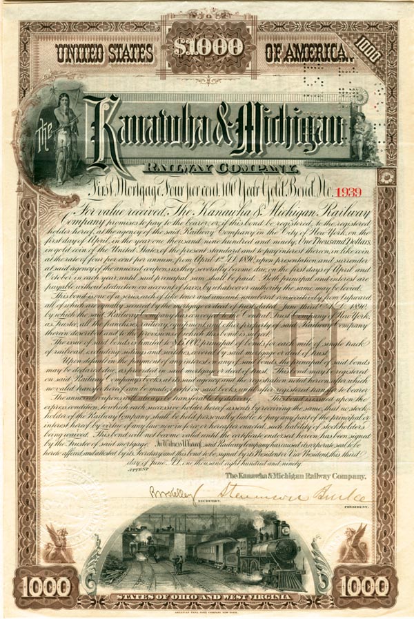 Kanawha and Michigan Railway - $1,000 Railroad Bond