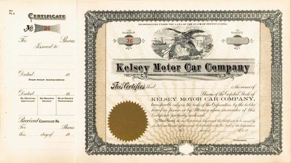 Kelsey Motor Car Co - Stock Certificate