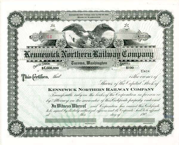 Kennewick Northern Railway Company - Stock Certificate