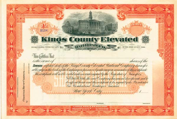 King's County Elevated Railroad - Stock Certificate