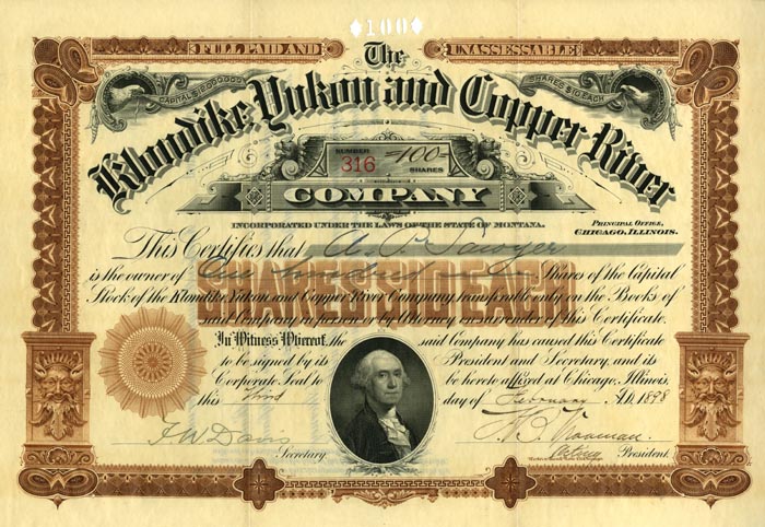 Klondike Yukon and Copper River Company - 1898 dated Stock Certificate - Alaska & Montana - Gorgeous Design with George Washington Vignette