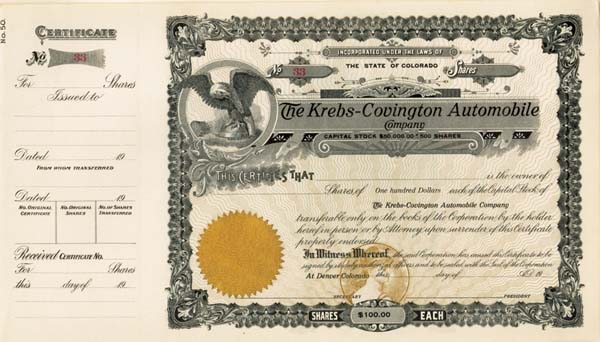 Krebs-Covington Automobile Co - Stock Certificate