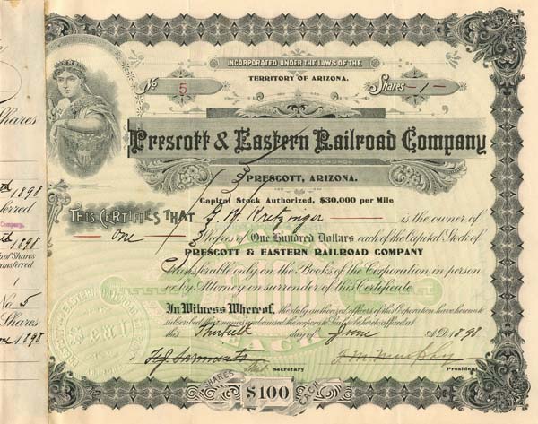 Prescott and Eastern Railroad Co. signed by George Washington Kretzinger - Autograph Arizona Stock Certificate - Part of the Atchison, Topeka and Santa Fe Railroad