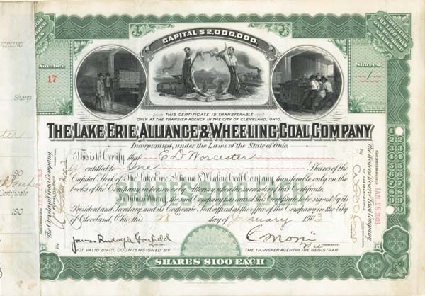 Lake Erie, Alliance and Wheeling Coal signed by James R. Garfield - Stock Certificate