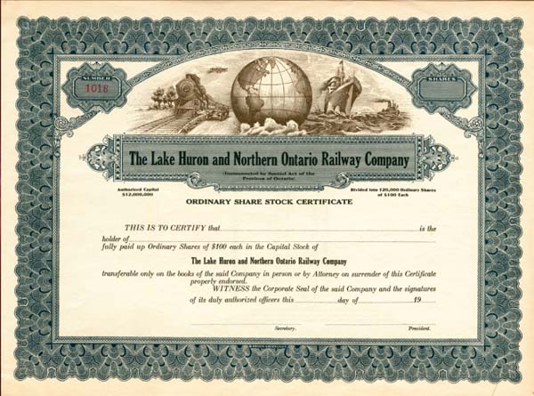 Lake Huron and Northern Ontario Railway Co. - Stock Certificate