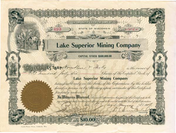 Lake Superior Mining Co. - Stock Certificate (Uncanceled)