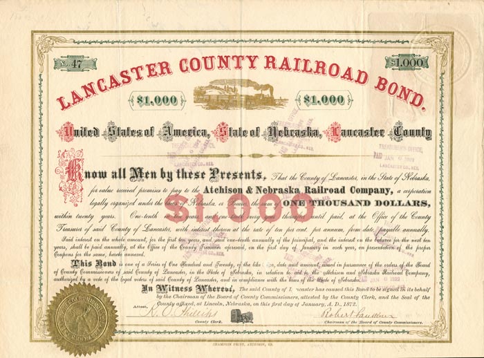 Lancaster County Railroad Bond