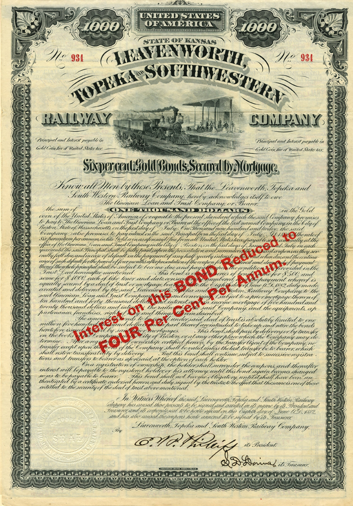 Leavenworth, Topeka and Southwestern Railway Co. $1000 Bond (Uncanceled)