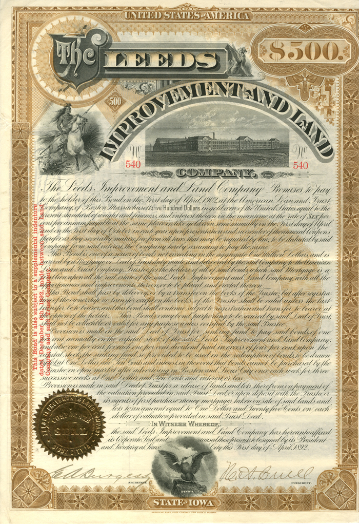 Leeds Improvement and Land Co. - 1892 dated $500 Iowa Land Gold Bond