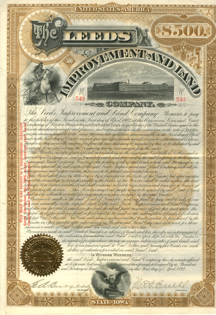Leeds Improvement and Land Co. $500 Bond