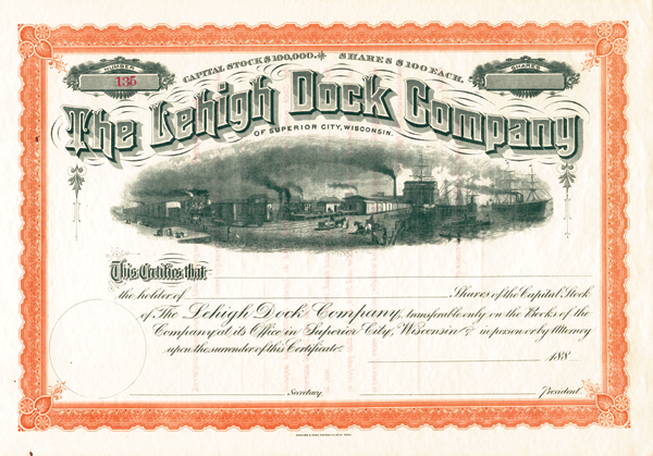 Lehigh Dock Company of Superior City Wisconsin - Stock Certificate