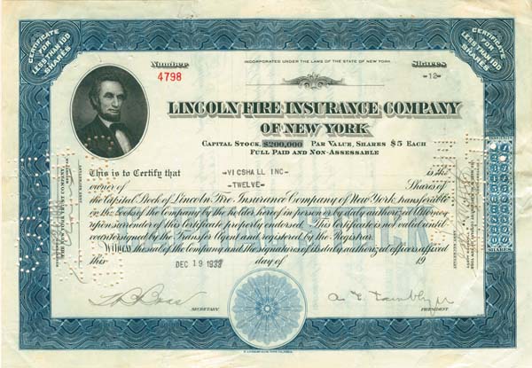 Lincoln Fire Insurance Co. of New York - Stock Certificate