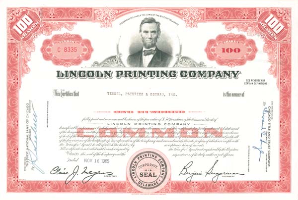 Lincoln Printing Co. - Stock Certificate