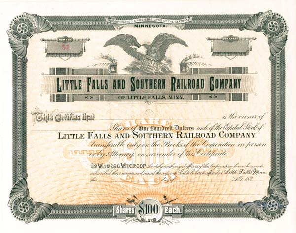 Little Falls & Southern Railroad - Stock Certificate
