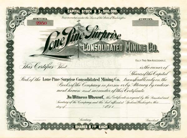 Lone Pine Surprise Consolidated Mining Co. - Stock Certificate