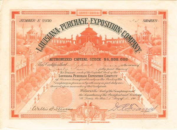 Collectible Louisiana Purchase Exposition Company– Gorgeous Stock Certificate