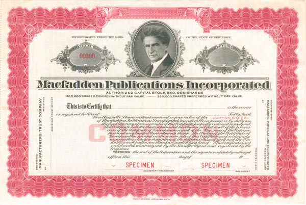 Macfadden Publications Incorporated - Specimen Stock Certificate