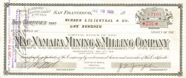 MacNamara Mining and Milling Co. - Stock Certificate